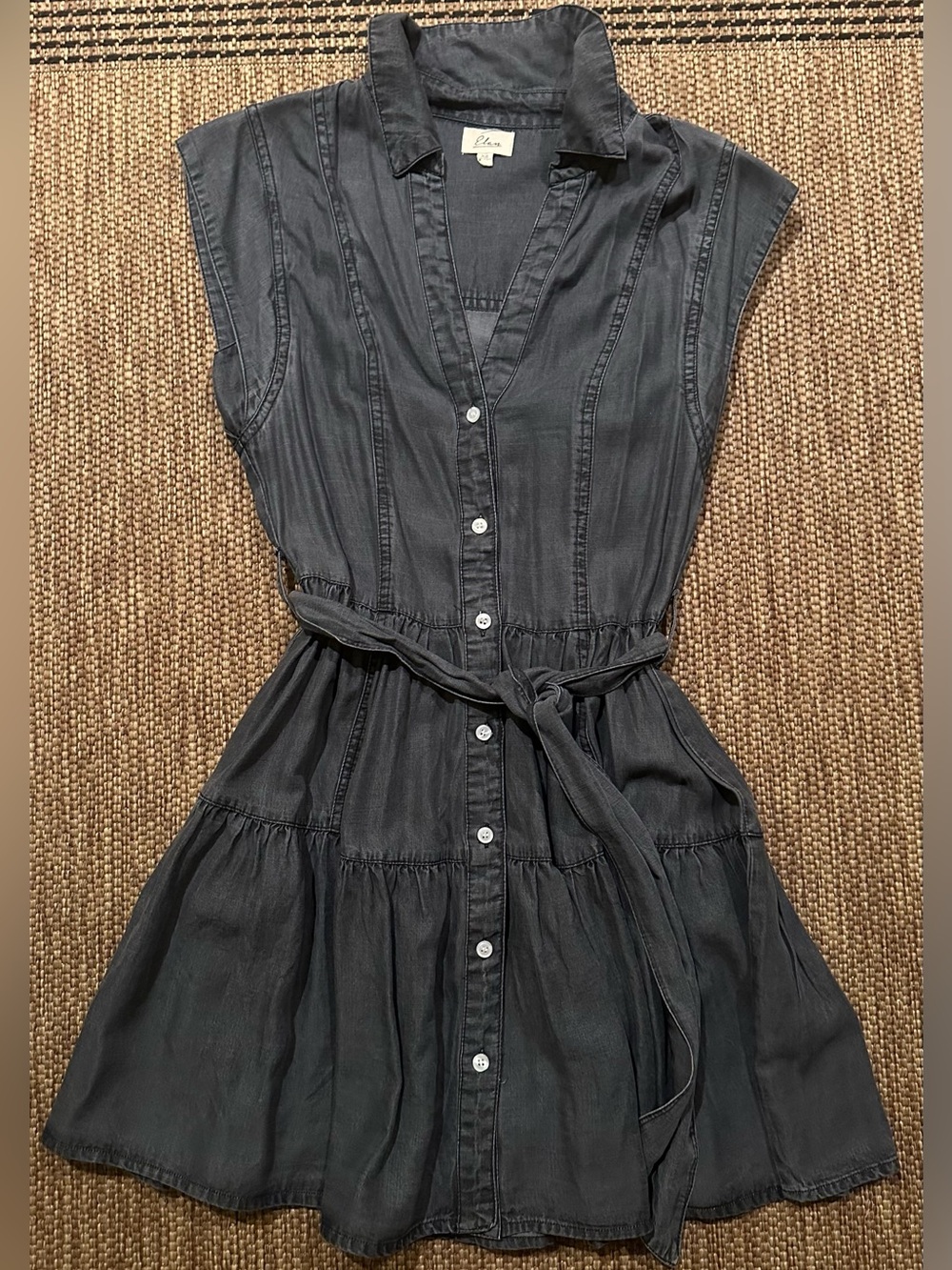 Sleeveless Button-Front Black Shirt Dress with Tie Waist